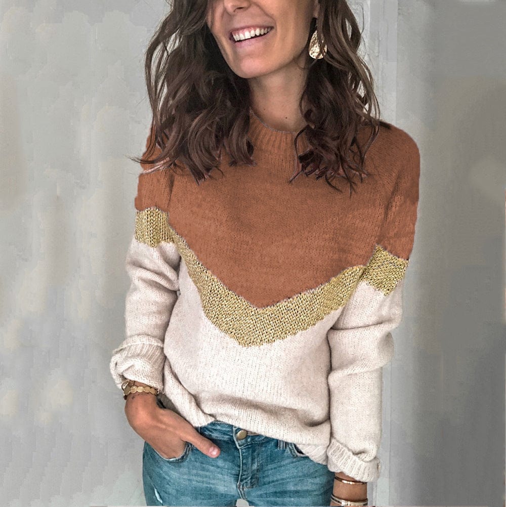 brown / 3XL CONTRAST STITCHING SWEATER