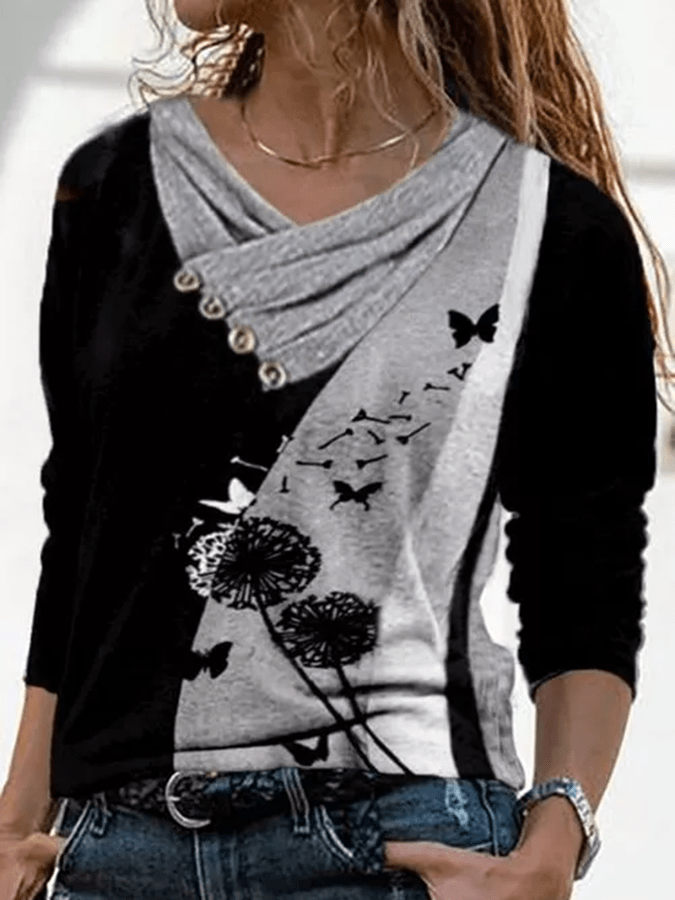 Long Sleeve Tops Gray / M Women Floral Casual V-Neckline Long Sleeve Blouses