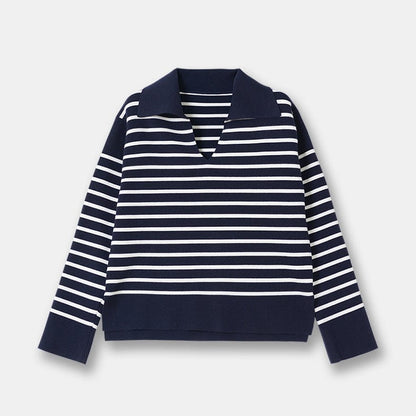 navy / L Striped V Neck Sweater