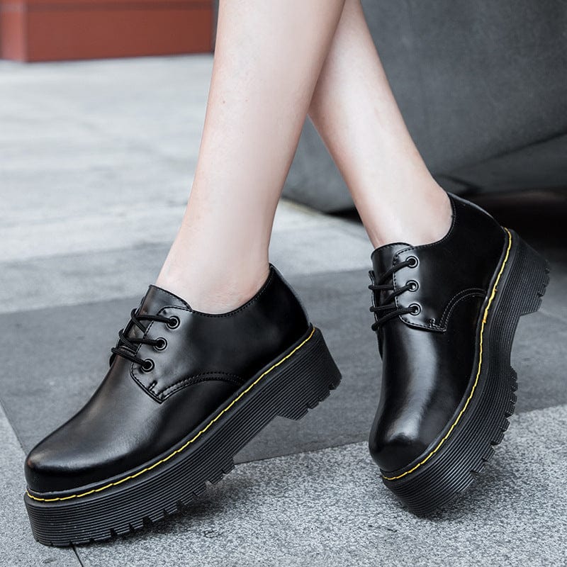 Women Leather lace-up Thick Bottom Flat Platform zapatillas mujer Black Spring Autumn Causal Shoes Flats Oxfords